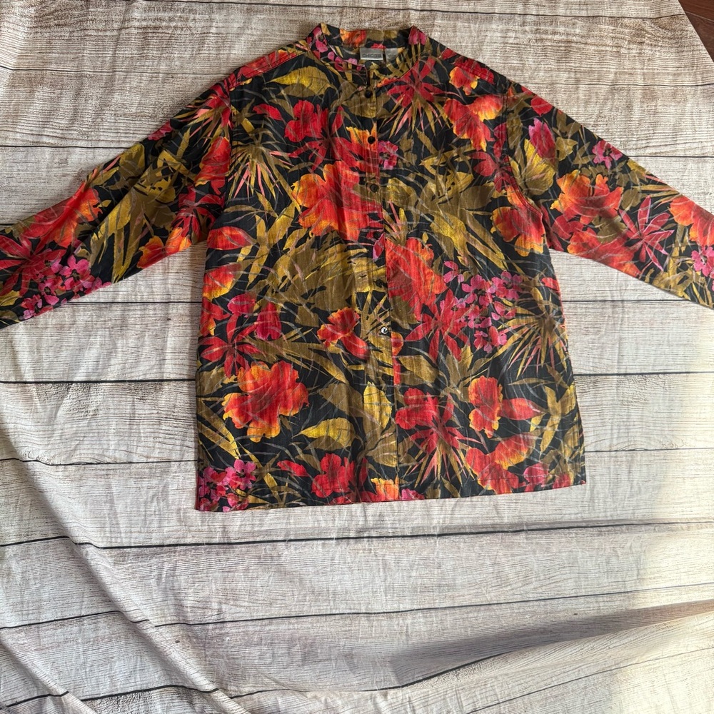 Chico’s Womens Shirt Jacket Size XL Bright Red Multicolor Floral Blazer